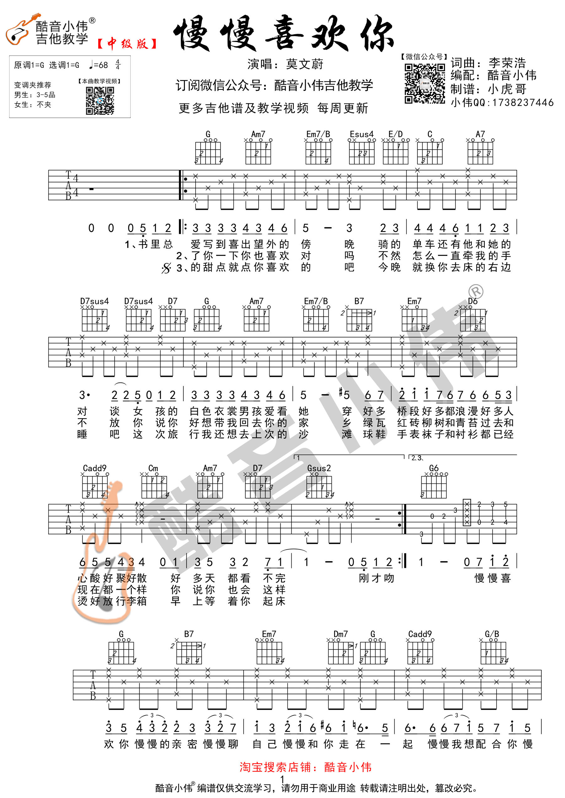 吉他园地慢慢喜欢你吉他谱(酷音小伟)-1