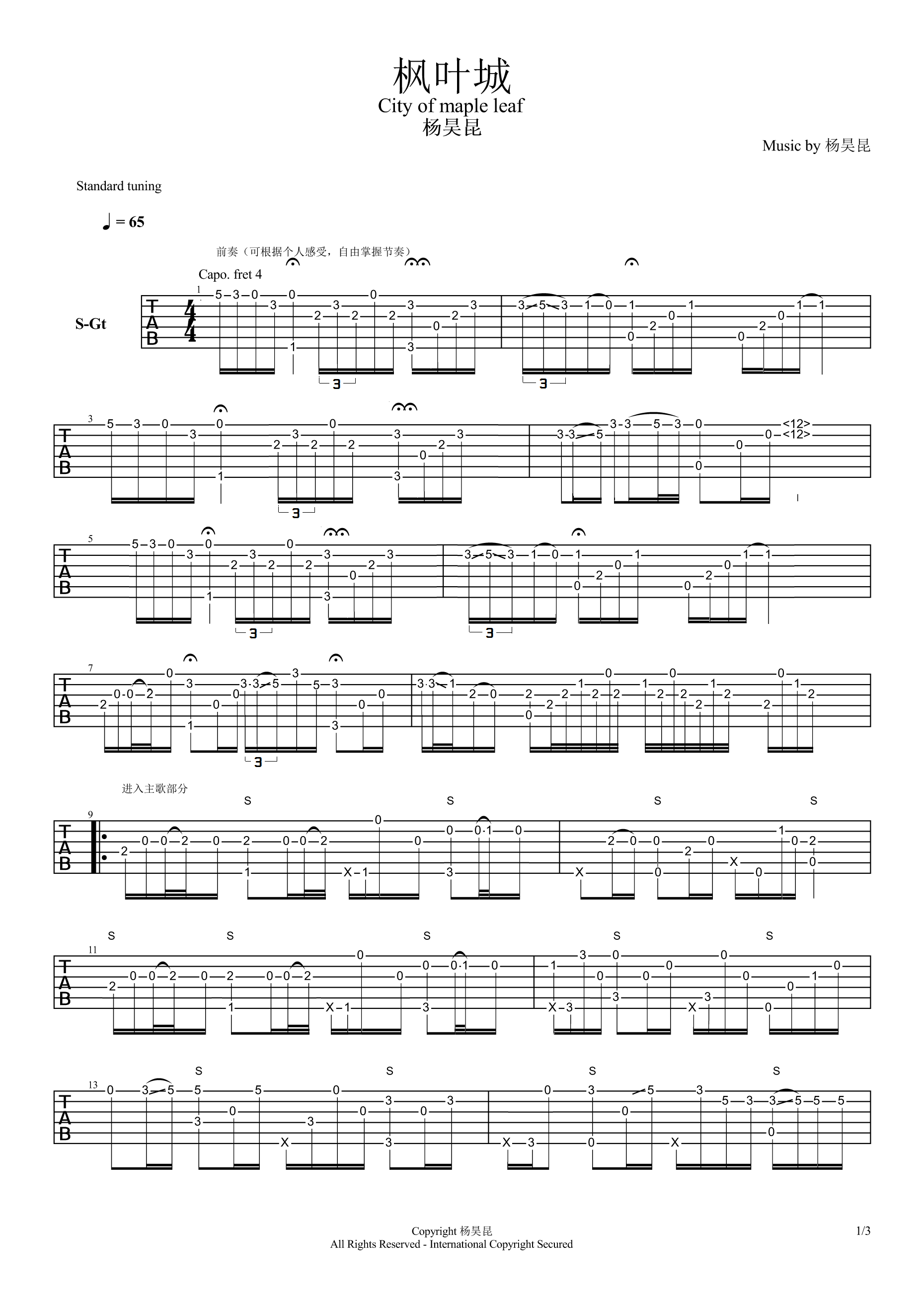 吉他园地枫叶城吉他谱(音乐人张紫宇)-1