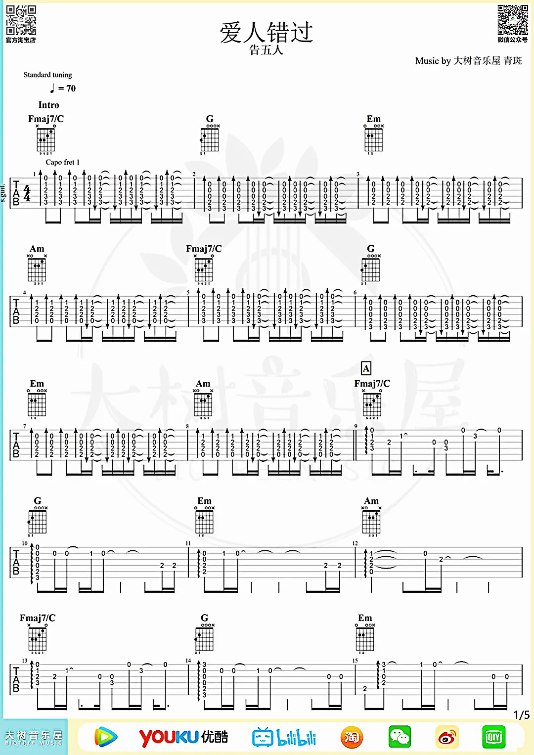 吉他园地爱人错过吉他谱(大树音乐)-1