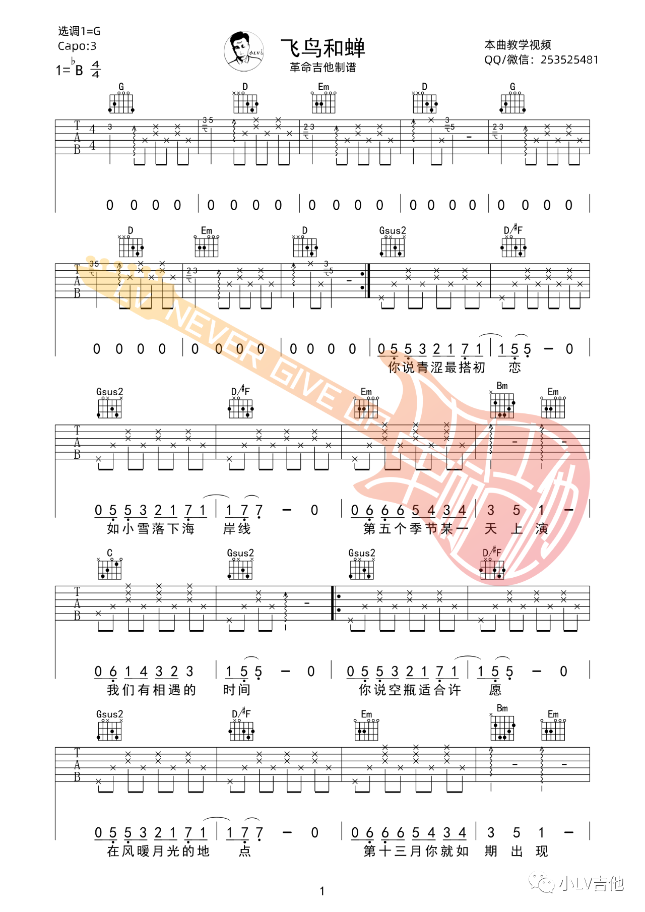 吉他园地飞鸟和蝉吉他谱(小LV吉他)-1