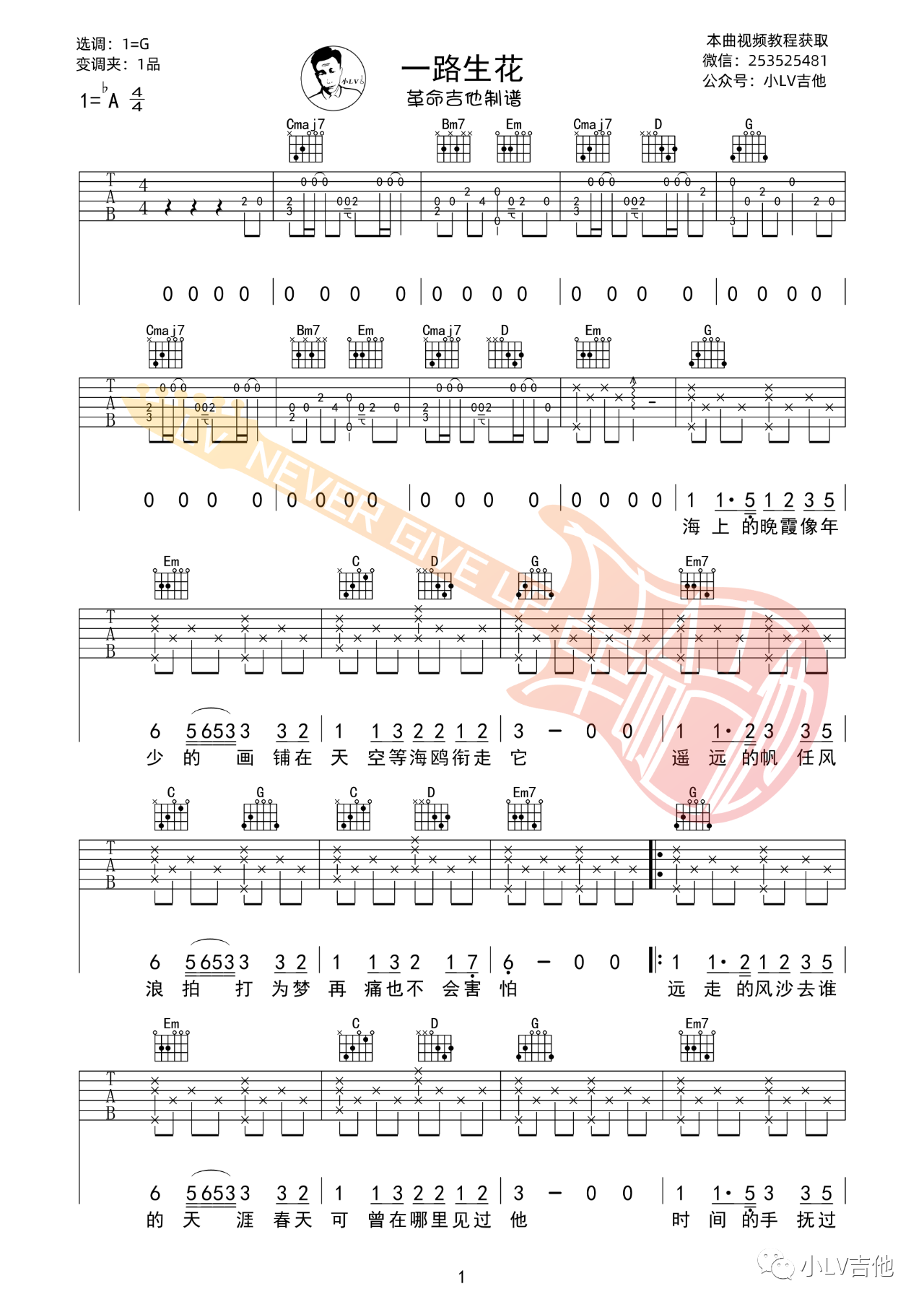 吉他园地一路生花吉他谱(革命吉他教室)-1