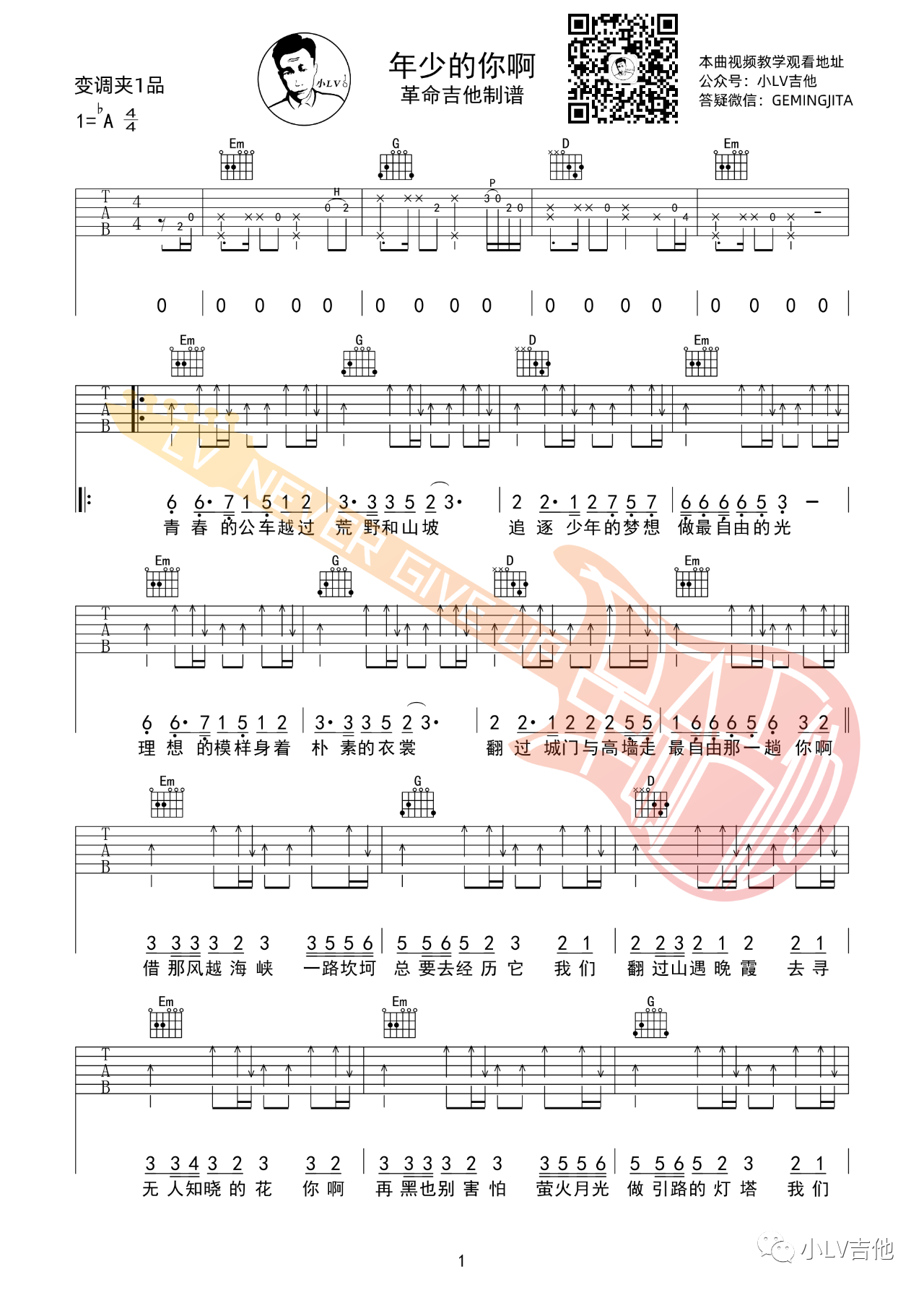 吉他园地年少的你啊吉他谱(小LV吉他)-1