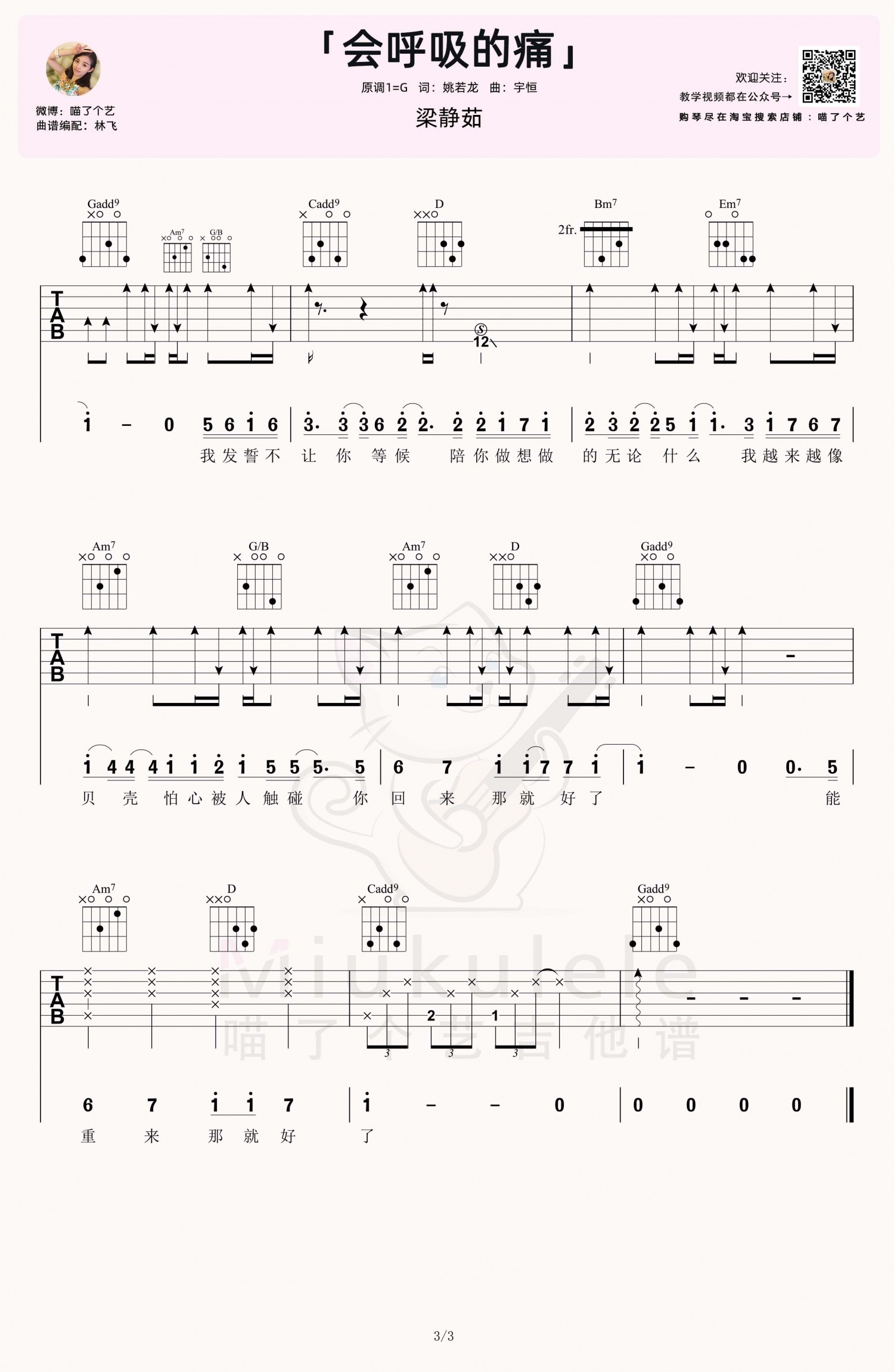 吉他园地会呼吸的痛吉他谱(喵了个艺)-3