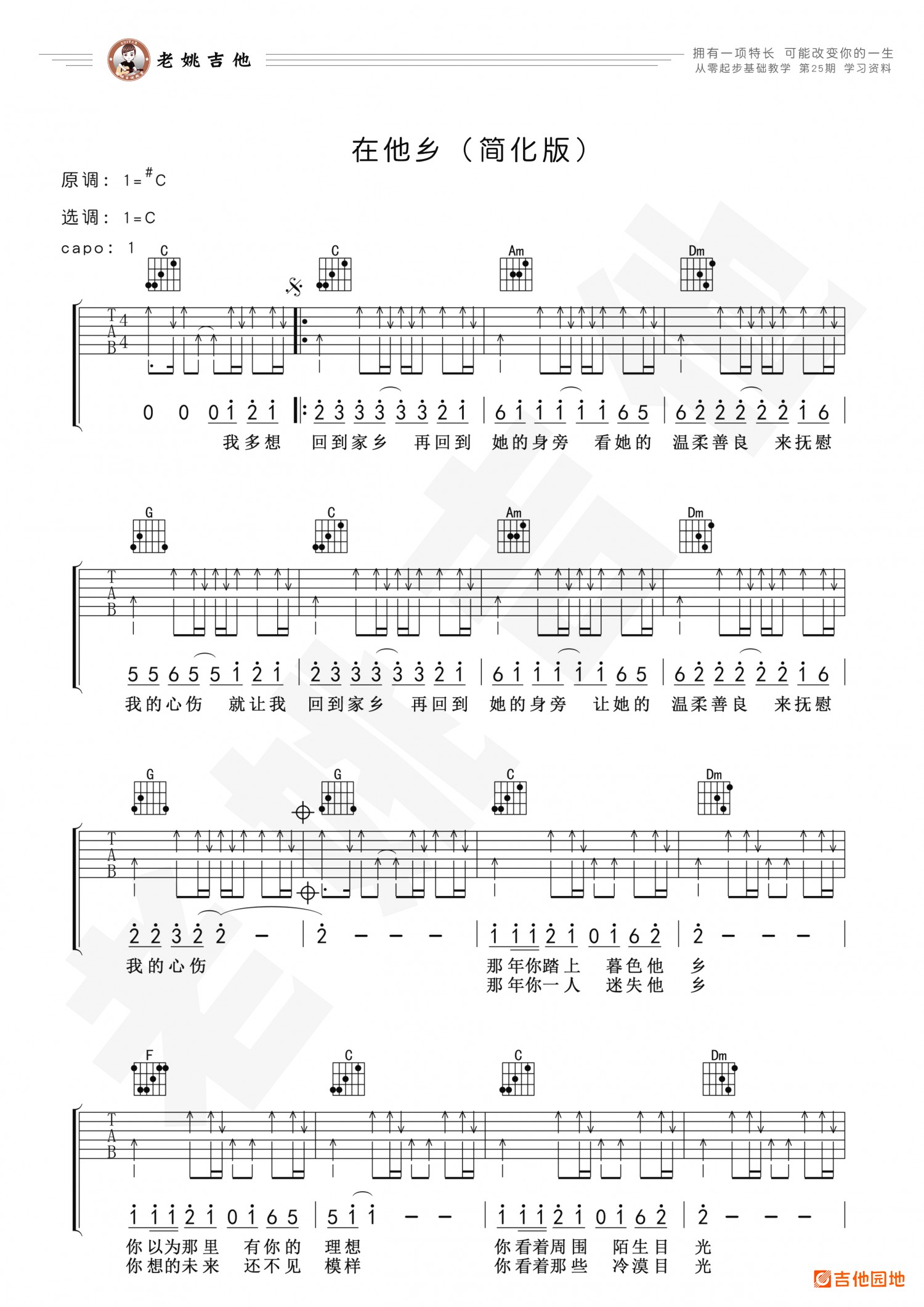 吉他园地在他乡吉他谱(老姚吉他)-1