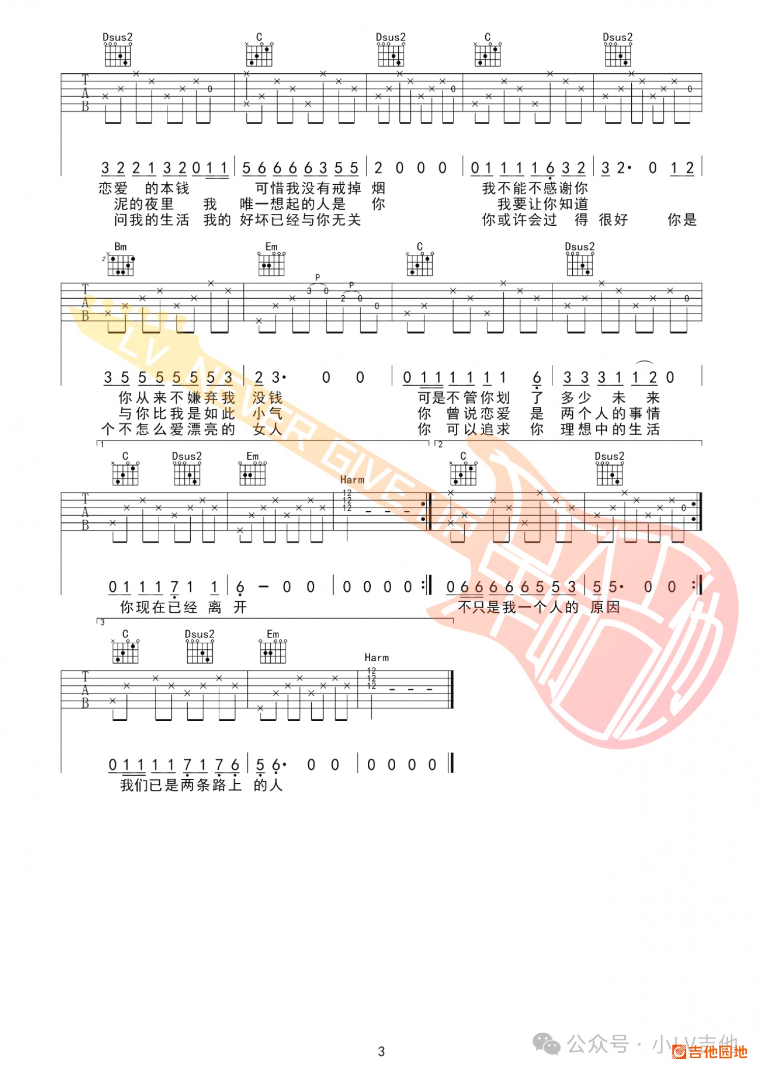 吉他园地已是两条路上的人吉他谱(小LV吉他)-3