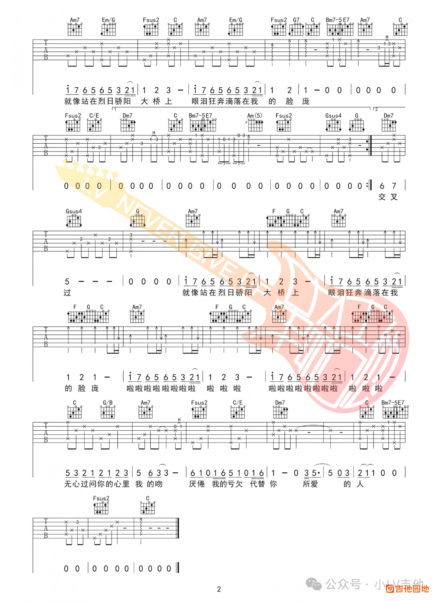 吉他园地泪桥吉他谱(小LV吉他)-2